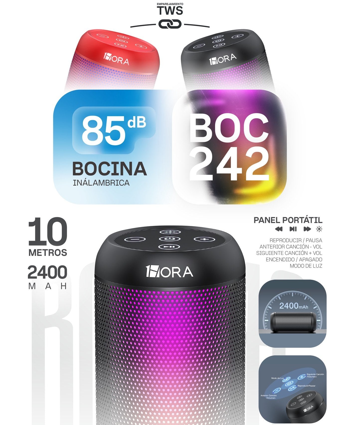 Parlante Bluetooth 1Hora BOC242 – Luces RGB y Sonido Hi-Fi