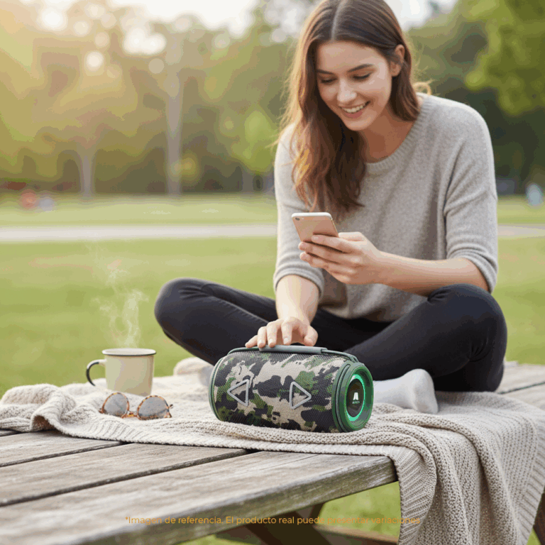 Parlante Bluetooth 16 W – Diseño Camuflado con Luces RGB