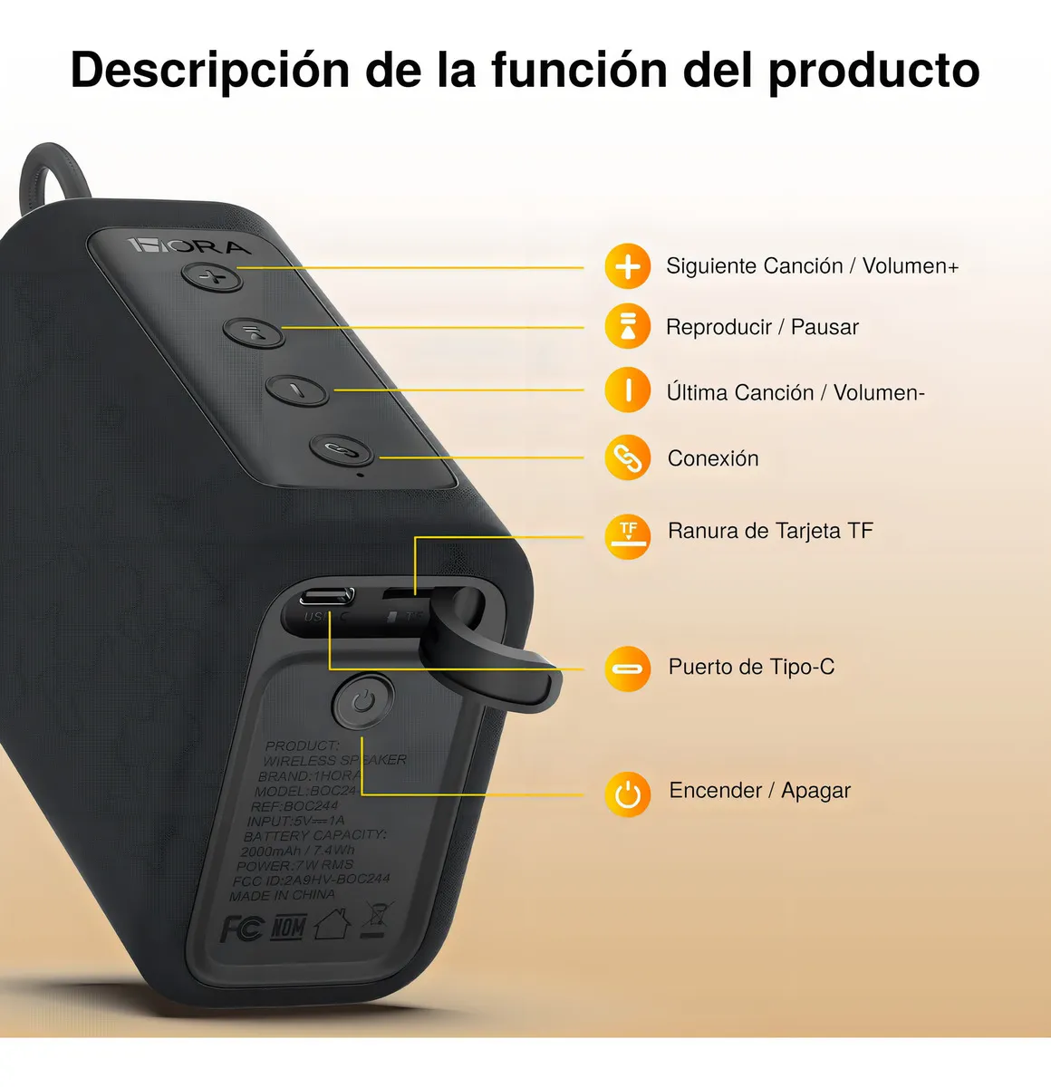 Parlante Bluetooth 1Hora BOC244 – Compacto 7W Portátil